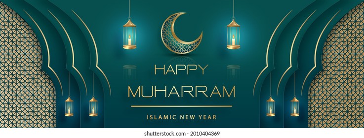 Happy Muharram, the Islamic New Year, new Hijri year design with gold pattern on paper color backgroung 