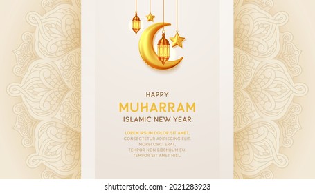 Happy Muharram Islamic new year background with hanging lanterns