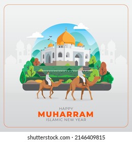 Happy Muharram islamic new year vector greetings card with people riding camel in front of mosque