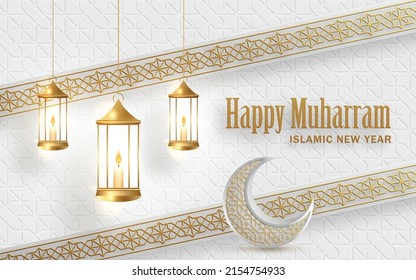 Happy Muharram, the Islamic New Year, new Hijri year design with gold pattern on color background