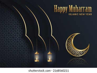 Happy Muharram, the Islamic New Year, new Hijri year design with gold pattern on color background