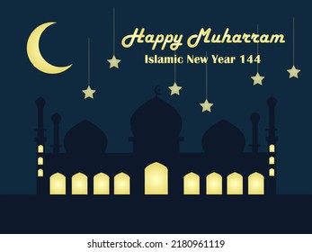 happy muharram islamic new year festival background with mosque and shining crescent moon. good for banner, background, greeting card, wallpaper, template, flyer, post