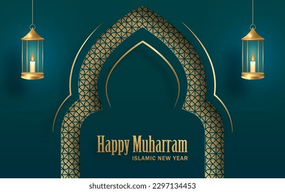 Happy Muharram, the Islamic New Year, new Hijri year design with gold pattern on color background