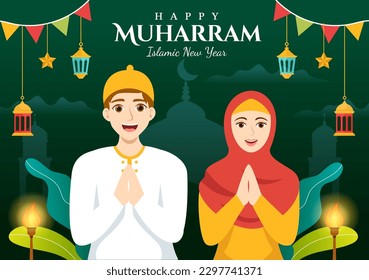 Happy Muharram Islamic New Year Vector Illustration with Muslims Celebration in Flat Cartoon Hand Drawn Landing Page Background Templates