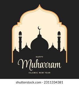 Happy Muharram islamic new year background. Hijri new year greeting card design with mosque silhouette. Vector illustration.