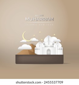 Happy Muharram Islamic new year greeting illustration in papercut style