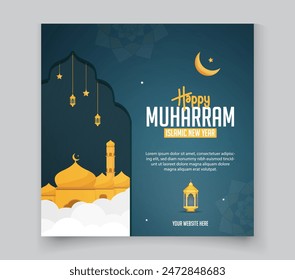 Happy Muharram Islamic New Year Social media greeting post design with mosque and lamps vector