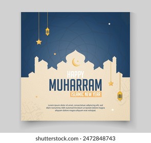 Happy Muharram und islamischen Neuen Jahr Festival Gruß Poster Karte Design mit Moschee und Lampen für Social Media Post 