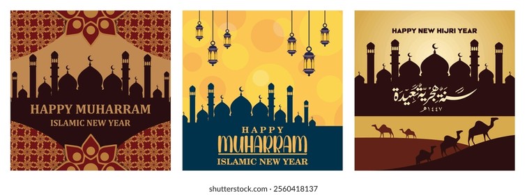 Happy muharram islamic new year. Mosque Silhouette and Lantern Decorations. Silhouetted Mosque and Camels. Set lat vector modern illustration