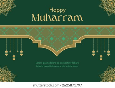 Happy Muharram Islamic New Year greeting card with Islamic ornament pattern, lantern, and mandala illustration on green background