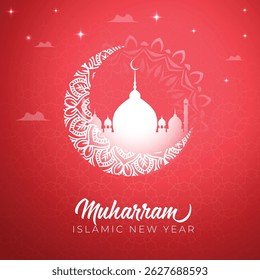 Feliz Muharram e festival de Ano Novo islâmico saudação cartaz design com mesquita e lâmpadas para post de mídia social 