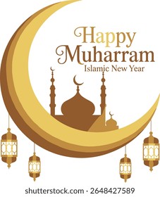 uma imagem feliz ano novo islâmico muharram com uma lua crescente, mesquita e desenho lanternas penduradas.
