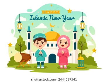 Happy Muharram Vector Illustration of Celebrating Islamic New Year with Mosque, Moon and Lantern Concept in Flat Kids Cartoon Background
