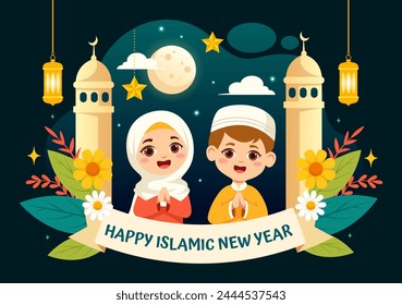Happy Muharram Vector Illustration of Celebrating Islamic New Year with Mosque, Moon and Lantern Concept in Flat Kids Cartoon Background