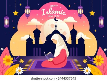 Glückliche Muharram Vektorillustration der Feier des islamischen Neuen Jahres mit Moschee, Mond und Laterne Konzept in flachen Kinder Cartoon Hintergrund