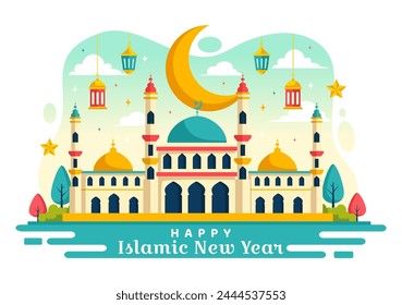Happy Muharram Vector Illustration of Celebrating Islamic New Year with Mosque, Moon and Lantern Concept in Flat Kids Cartoon Background