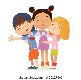 Happy multi aged friends hug each other. School boys and girls kids hugging.