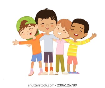 Happy multi ethnic multi aged boys hug. Boys happily hug and smile. School boys together. Best Friends Boys Selfie