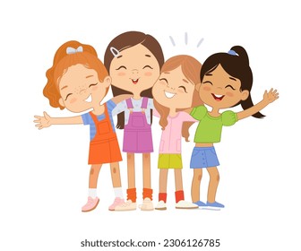 Happy multi ethnic multi aged girls hug. Girls happily hug and smile. School girls together. Best Friends Girls Selfie