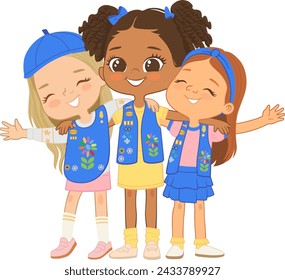 Happy multi ethnic multi aged girls scout hug. Girls Scout happily hug and smile. Girl together. Daisy Girls Scout Uniform