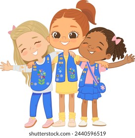 Happy multi ethnic multi aged girls scout hug. Girls Scout happily hug and smile. Girl together. Daisy Girls Scout Uniform