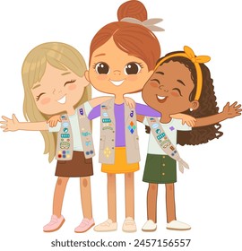 Happy multi ethnic multi aged girls scout hug. Girls Scout happily hug and smile. Girl together. Cadette Girls Scout