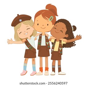 Happy multi ethnic multi aged girls scout hug. Girls Scout happily hug and smile. Girl together. Brownies Girls Scout Uniform