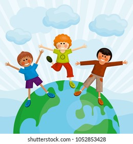 Happy multi ethnic boys standing on the earth.