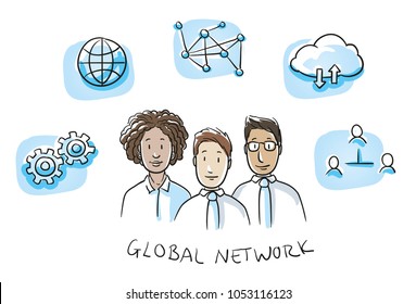 Happy multi ethnic business team, man and woman, talking about global networking with icons on blue tiles. Hand drawn cartoon sketch vector illustration, whiteboard marker style coloring.