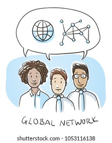 Happy multi ethnic business team, man and woman, talking about global networking with icons in speech bubble. Hand drawn cartoon sketch vector illustration, whiteboard marker style coloring.