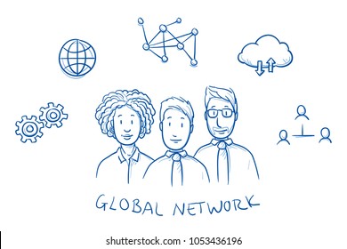 Happy multi ethnic business team, man and woman, with global networking  icons around them. Hand drawn line art cartoon vector illustration.