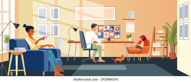 Happy Multi Ethnic Family Working At Home With Child. Smiling Couple Businessmen With Group Of Colleagues Taking Part In Video Conference. Online Communication. Cartoon Vector Illustration.