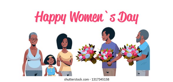 happy multi generation family congratulating women with international 8 march day concept men giving flowers african american characters portrait horizontal greeting card