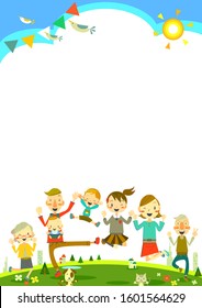 happy multi generation family frame, jumping