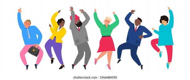 happy multicultural business people men and women dancing having fun vector illustration