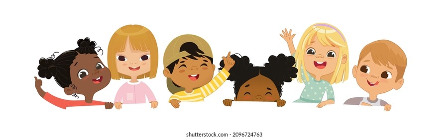 Happy multicultural children hold a blank poster. Template for advertising brochure. Cute little kids on a white background panorama template. Funny cartoon character. Vector illustration