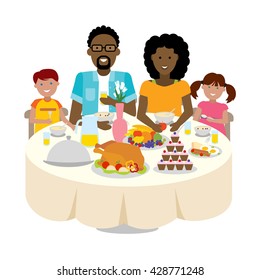 Happy multicultural family dinner table. Thanksgiving celebration. Cake and turkey. Holiday togetherness.
