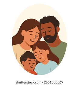 Família multicultural feliz abraçando juntos, ilustração plana de amor familiar quente, paternidade, vínculo emocional, apoio, unidade, afeto e valores familiares modernos