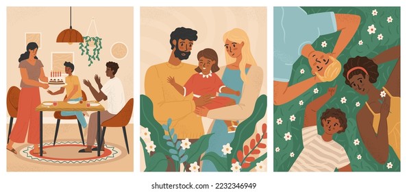 Feliz familia multicultural con niños. Conjunto de afiches vectoriales de concepto de familia interracial. Gente con diferente color de piel y antecedentes culturales juntos. Padre negro y madre blanca con hijos mixtos