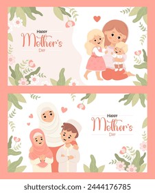 Happy multicultural family. Mothers Day posters. Cute Islamic muslim mother with son and daughter on white background with flowers. Horizontal isolated festive banners. Vector illustration.