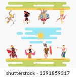 Happy multicultural indonesian tribe wearing traditional dress and performing traditional dance with traditional weapon and instrument character vector illustration flat design, heritage of indonesia