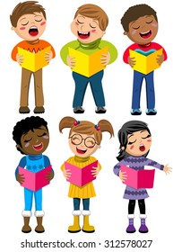 Happy multicultural kids or children standing and singing in a choir holding choir book isolated 