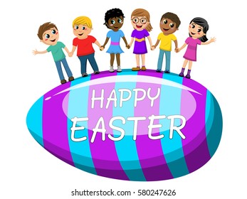 Happy Multicultural kids hand in hand on big egg easter isolated