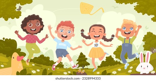 Happy multicultural kids jumping on nature background. Boys and girls are playing. Childhood. Vector illustration in cartoon style