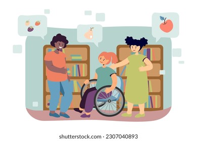 Happy multicultural kids taking about fruits vector illustration. African American boy and Asian girl talking to Caucasian child in wheelchair. Inclusion, diversity, friendship, education concept