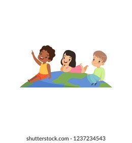 Happy multicultural little kids having fun on top of the globe vector Illustration on a white background