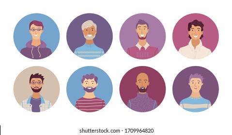 Happy Multicultural People Avatars Set. Smiling Young, Adult And Senior Men Profile Pictures. Different Human Face Icons For Representing Person Vector Illustration. User Pic For Web Forum Or Account