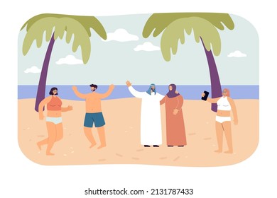 Happy multicultural people having fun on beach. Woman in swimming suit taking selfie flat vector illustration. Vacation, tourism, traveling, summer concept for banner, website design or landing page