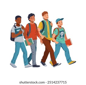 Meninos multiétnicos felizes indo para a escola ilustração de vetor de cor plana. Grupo de estudantes adolescentes caminhando juntos para ícone conceito de lição em branco