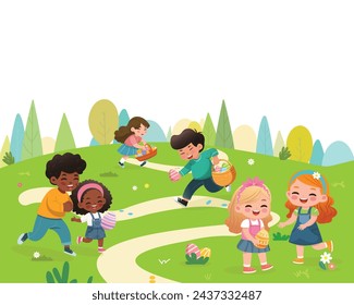 Happy multiethnic children having fun outside in Easter with eggs. Vector illustration